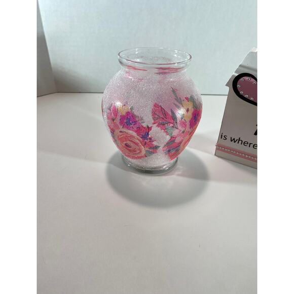 Handmade Frosted Sparkle Pink Rose Decor, Shelf Sitter Vase, Candle Holder - Picture 4 of 9